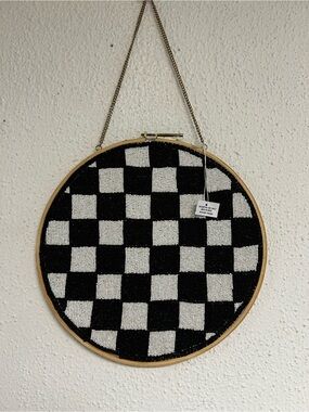 Round black  white checkerboard  shimmer beaded 13in round wall hanging  decor